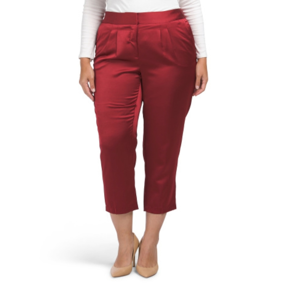 Vince Camuto | Deep Red Satin Pleat Front Straight Leg Pants